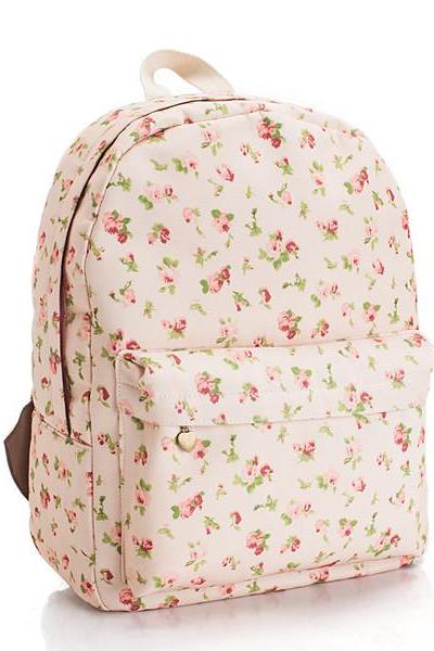 Floral Printed Pink Canvas Backpack
