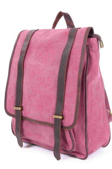 Rose-red Canvas Bag Canvas Backpacks Leisure Leather/Canvas Backpack