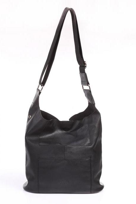 Black Leather Messenger Tote Bag Shoulder Bag Black Leather Handbag Black Purse Leather Purse