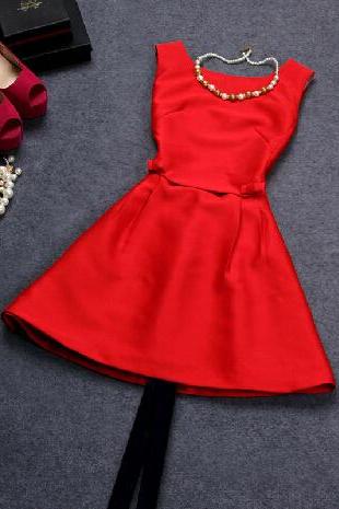 Red Stitching Round Neck Sleeveless Dress #df102022hk