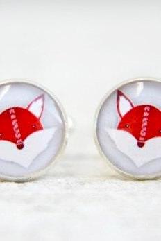 Fox Silver Cuff Links for Men or Women, Animal Cufflinks in Red Grey