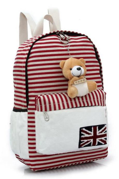 Cute Bear Doll UK Flag Striped Canvas Backpack