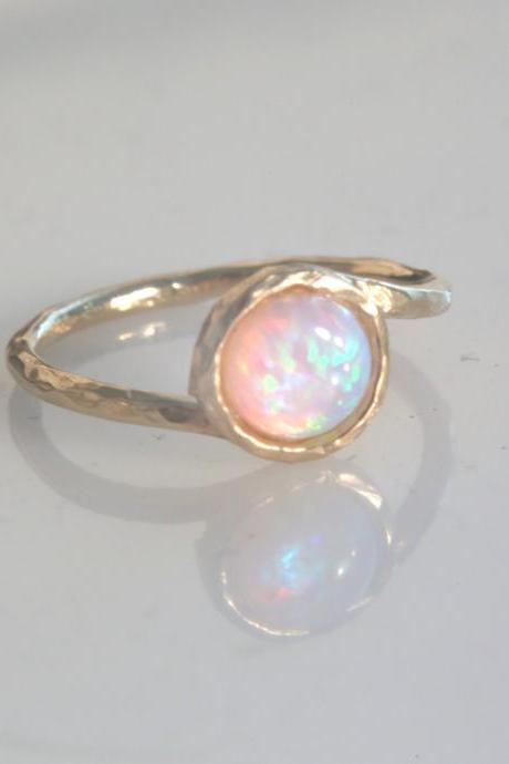 Gold Filled Ring, Gemstone Ring, Stacking Ring, White Opal Ring, Gold Rings, Opal, Thin Ring, Hammered Ring - T 13
