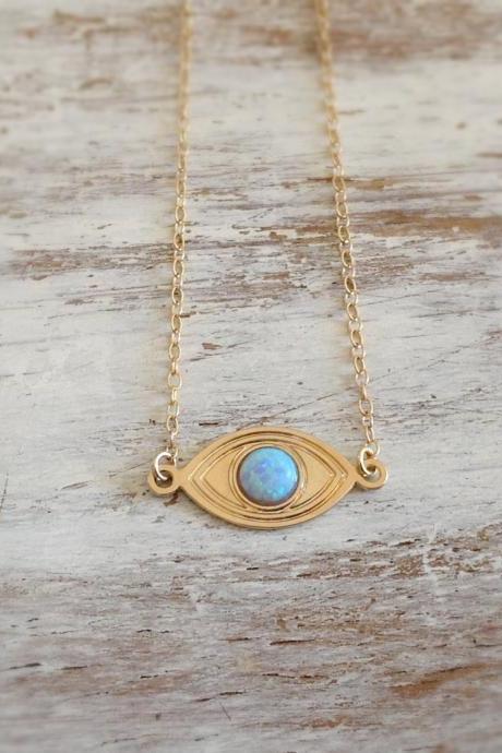 evil eye necklace, gold necklace, opal gold necklace, everyday necklace, blue opal, opal necklace, luck necklace- 10025