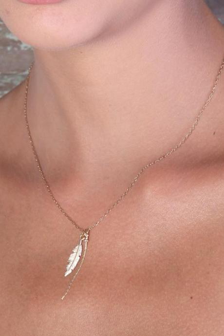 Gold necklace, Feather necklace, unique necklace, leaf necklace, delicate necklace, style, feather pendant - 593