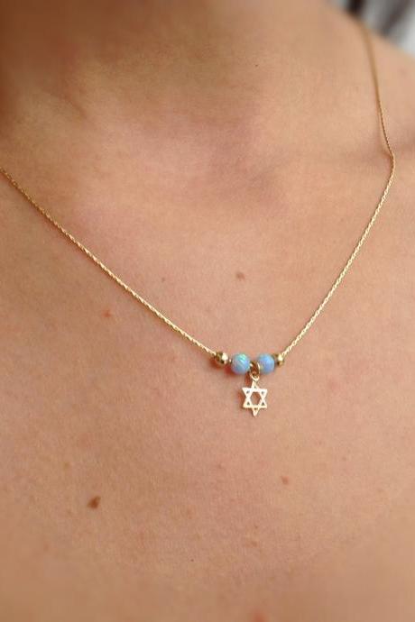 Gold Necklace, Opal Necklace,star Of David Necklace ,14k Gold Filled , Blue Opal Necklace 10040