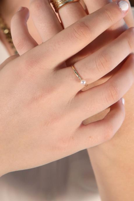 Thin gold ring, pearl ring, stacking rings, swarovsky stack ring, hammered ring, tiny ring