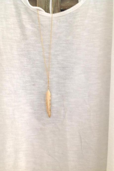 Gold necklace, long necklace, long necklace with feather pendant, everyday necklace, summer, feather necklace 7007
