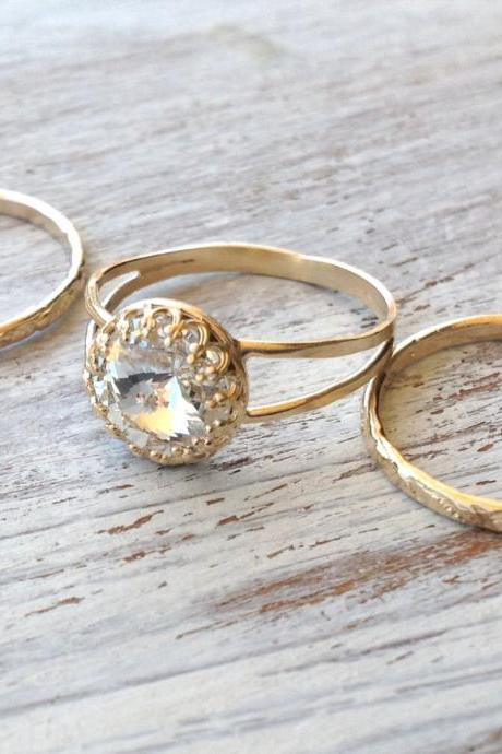 SET OF 3 RINGS - Gold ring, 3 stacking ring, vintage ring, gold rings, clear crystal ring, stack gold ring- RC3