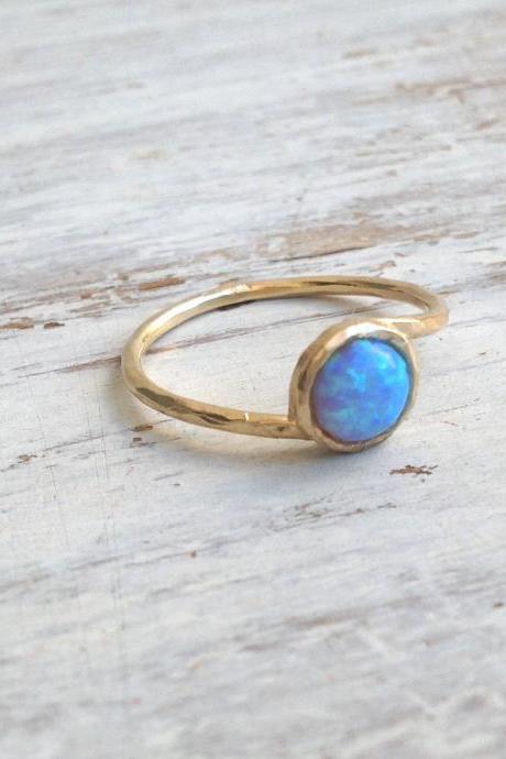 gold filled ring, gemstone ring, stacking ring, blue opal ring, gold rings, blue opal, thin ring, hammered ring - t 13