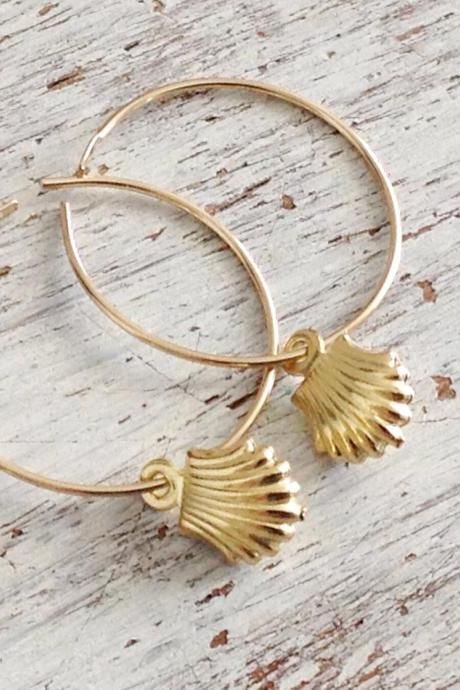 Gold earrings, gold filled earrings, hoop earrings, shell earrings, gold filled hoop, simple gold earrings- 20051