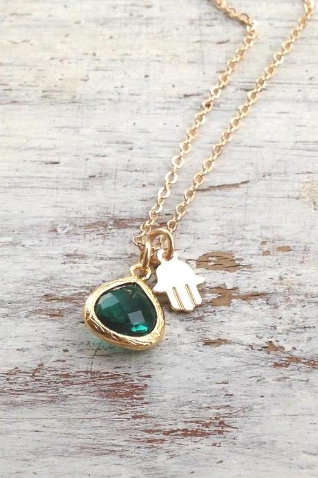 Gold necklace, hamsa necklace,green and gold, gold filled, emerald glass pendant and tiny gold hamsa - 3310