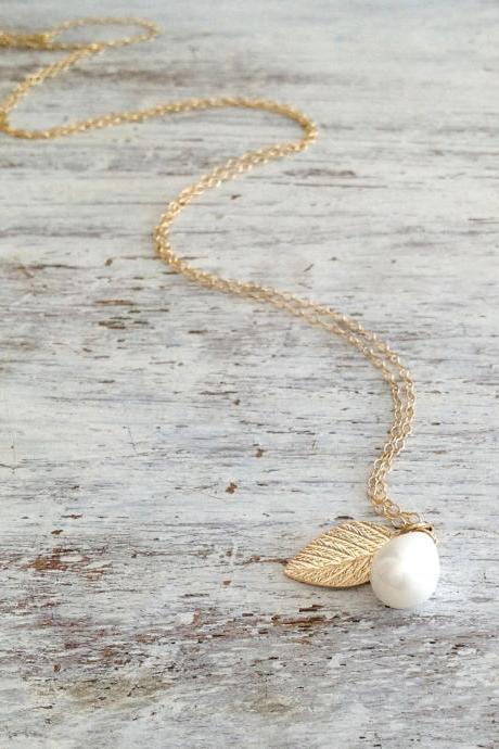 Gold necklace, pearl necklace, unique necklace, leaf necklace, delicate necklace, holiday gift, fall - 10012