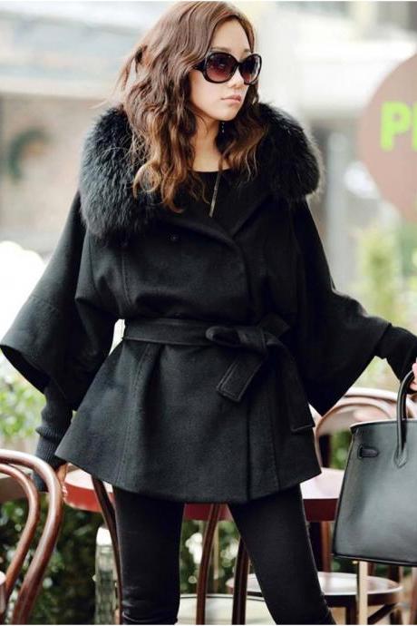 Fur Collar Black Button Fly Coat For Woman - sizes available in S thru L