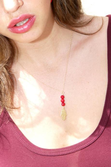 Hamsa necklace, gold filled hamsa necklace, red, luck jewelry, gold and red, coral necklace, gold necklace, hamsa - 10005