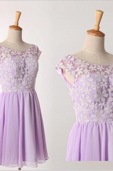 Graceful Purple Lace Round Neckline Short Prom Dresses, Purple Bridesmaid dresses, Graduation Dresses