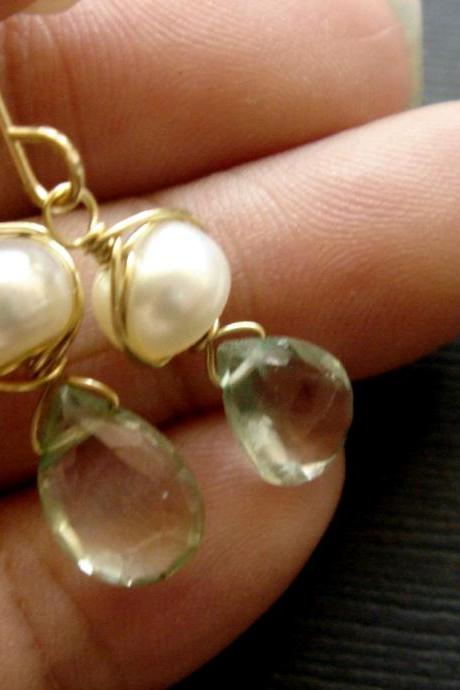 Romantic Prasiolite Freshwater Pearl 14k Gold Filled Earrings