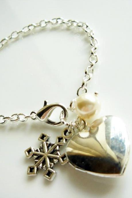 Snowflake Swarovski Pearl and Heart Locket Bracelet