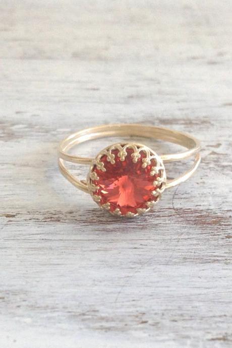 Gold ring, red ring, cocktail ring, stacking ring, vintage style ring, stackble ring, gold rings