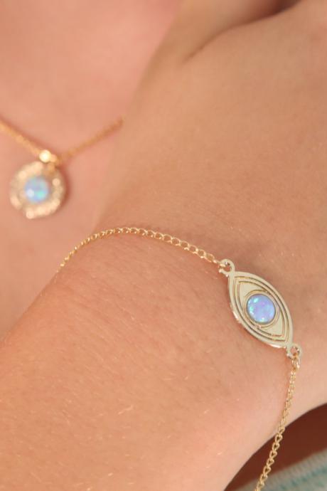 gold bracelet, gold filled bracelet, everyday bracelet, evil eye bracelet, blue opal, opal bracelet