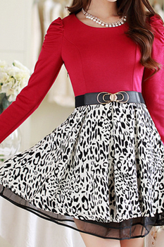 Slim Was Thin Long-sleeved Dress Stitching Leopard