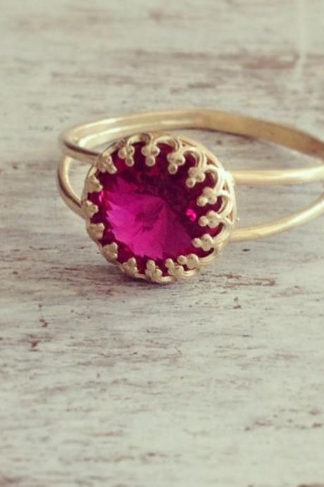 Gold Ring,pink Ring, Stacking Ring, Vintage Ring, Stackable Ring, Fuchsia Ring, Stackable Gold Ring, Pink 7014