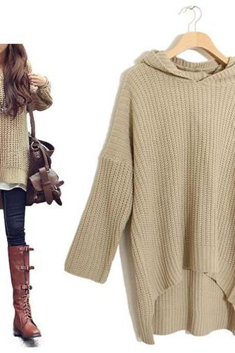 Thick Knitted Hooded Long Sleeved Sweater Featuring High Low Hem 