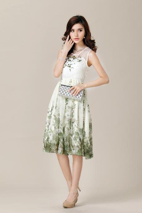 Sleeveless Knee-Length Floral Print Dress Womens Party Prom Dress