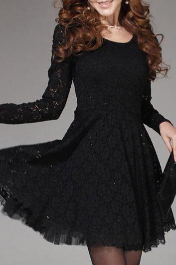 Charming Round Neck Long Sleeve Shirred Waist Lace Dress - Black