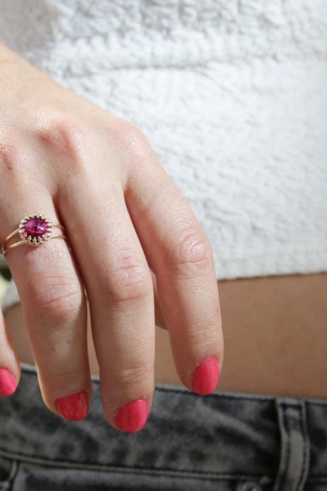 Gold ring,pink ring, stacking ring, valentine's day gift, stackble ring, fuchsia ring, stackble gold ring, pink