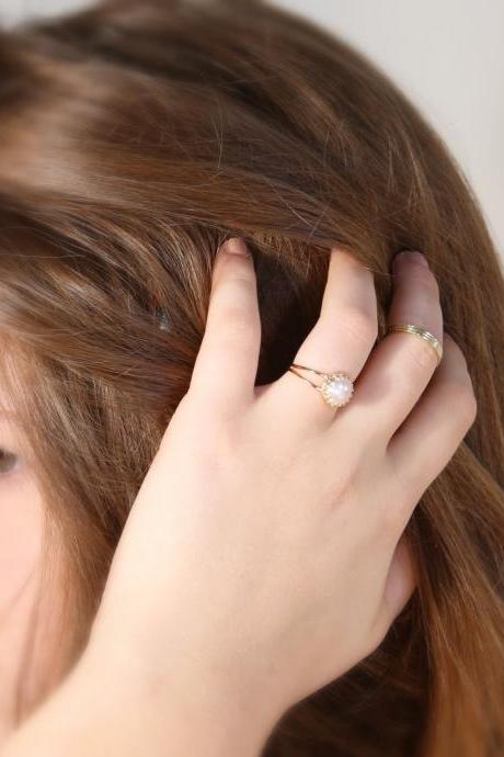 gold ring, gold stacking ring, pink ring, pearl ring, swarovski ring, pink pearl - 5503