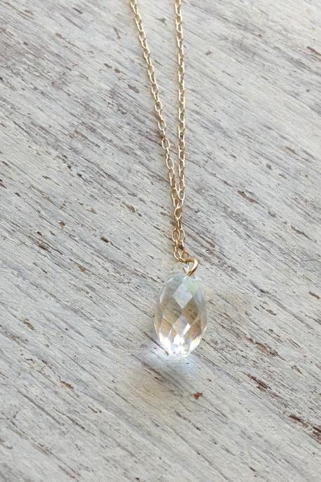 -gold Necklace, Gold Necklace With Clear Teardrop Bead, Gift For Her, Clear Swarovsky Bead, Tiny Gold Necklace, Wedding - 579
