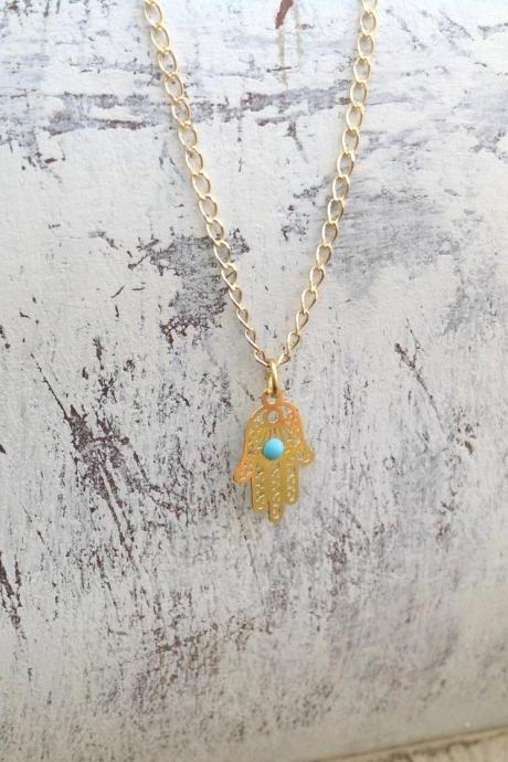 Hamsa necklace, gold necklace, gold filled necklace, bridal gift ,charm necklace, lucky necklace, women, bridesmaid necklace -059