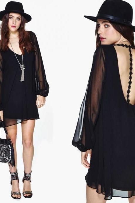 Big Size Vestidos Casual Free Shipping Summer Dress 2014 Sheer Long Sleeve Crochet Women Dress Black Loose Dresses Woman Clothes