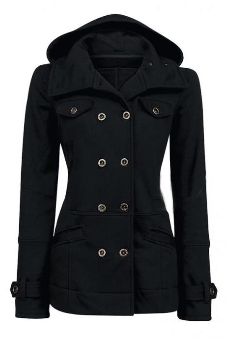 Casual Lady's Leisure Double Breasted Solid Color Cotton Slim Hoodie Coat Hooded Jacket Coat