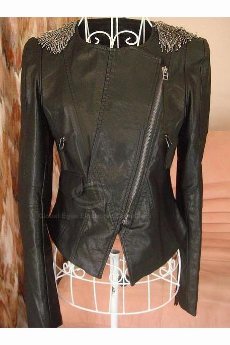 British Style Lapel Epaulette Tassel PU Leather Jacket