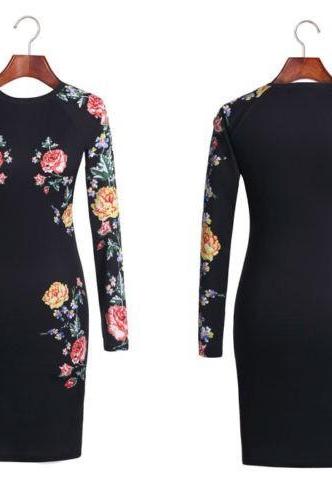 *Free Shipping* Plus Size Women Clothing Winter Dress Flower Print Casual Bandage Dress Stand Collar Long Sleeve Novelty Mini Party Dresses