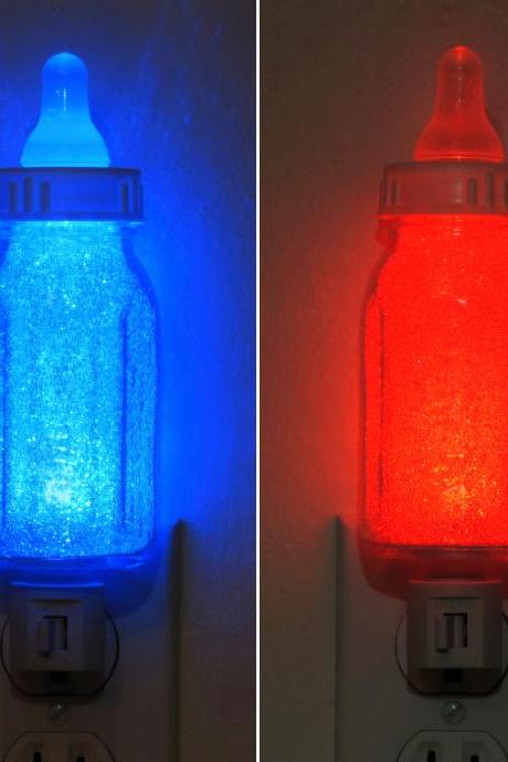 Infant Baby Bottle Night Light Blue Or Red Boy Girl Nursery Shower Gift Lamp