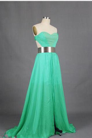 Charming and Sexy Design Green A-Line Court Train Sweetheart Sashes Front Slit Formal Evening Dresses, 2015 Prom Gowns, Prom Dress