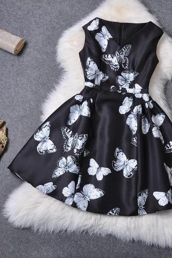 Belted Black Dress With Butterflies
