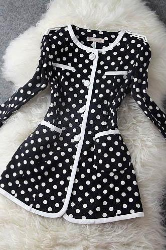 Black And White Long Jacket With Polka Dot