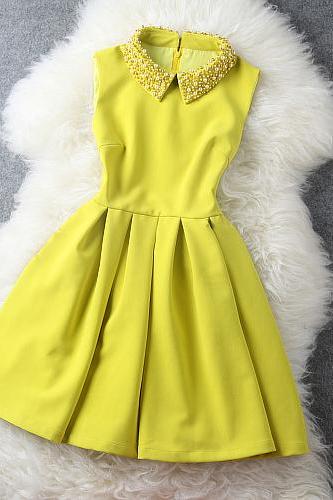 Yellow Dress With Pearl Beaded Collar