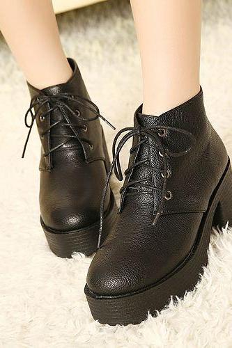 Black Lace up Chunky Heel Boots