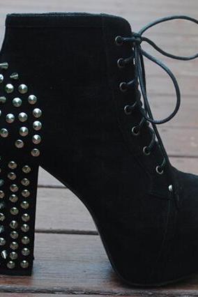 Studded Black Chunky Heel Boots