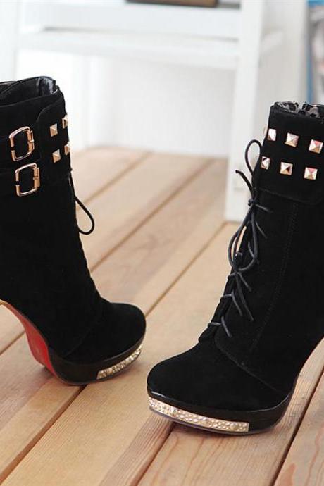 Sexy Rivet Design Black Suede High Heel Winter Boots