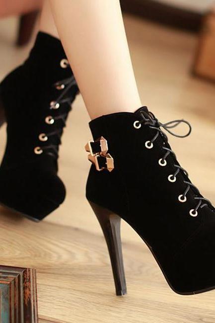 Pure Black Round Toe Stiletto Heel Lace Up Boots