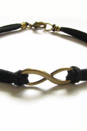 Bronze Infinity Bracelet Wire Wrapped Black Leather Suede Bronze Jewelry