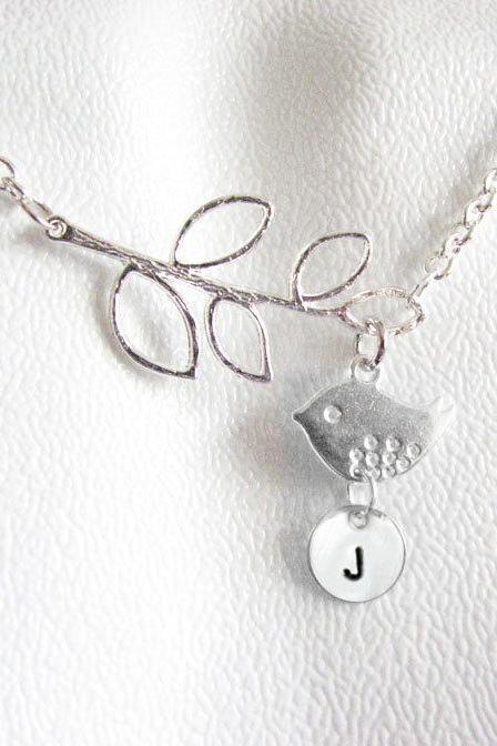 Sterling Silver Bird Initial Leaf Necklace Personalized Hand Stamped Pendant Chain Jewelry leaf