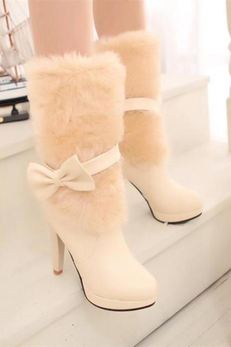 Super Cute High Heel Bow Design Winter Boots In Beige
