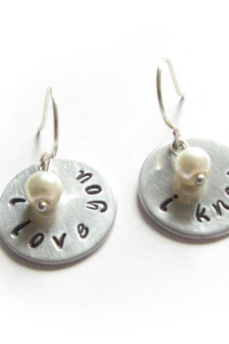 Sterling Silver Star Wars I Love You I Know Hand Stamped Earrings Wire Wrapped Dangle Pearl Bead Charm Jewelry